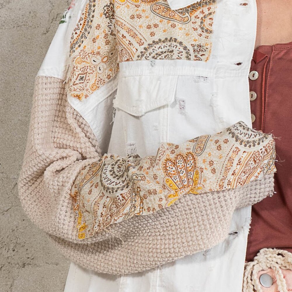 POL White Thermal Sleeve Paisley Patch Button Down Shacket Jacket - Picture 4 of 9